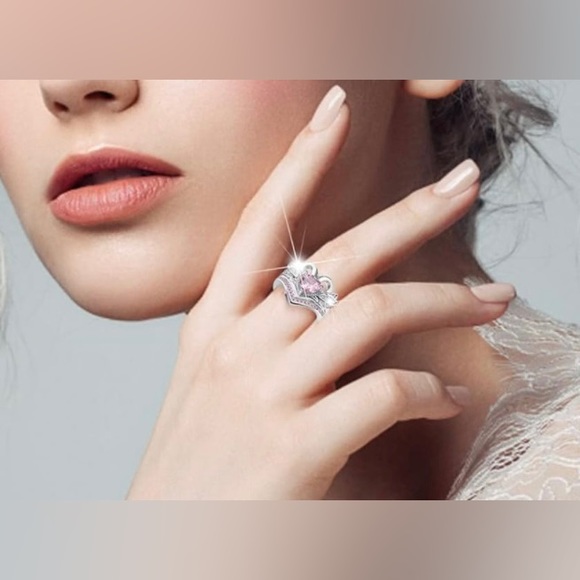 Pink Heart & Doves Ring & Band Set. - Picture 2 of 8